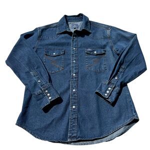 HISEA Jeans Denim Shirt Men’s Large Blue Long Sleeve Western Workwear